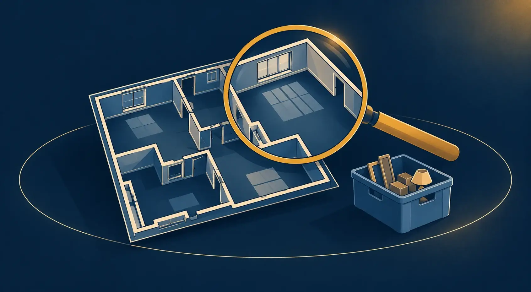 Illustration d’un plan de logement examiné avec une loupe et une caisse de tri